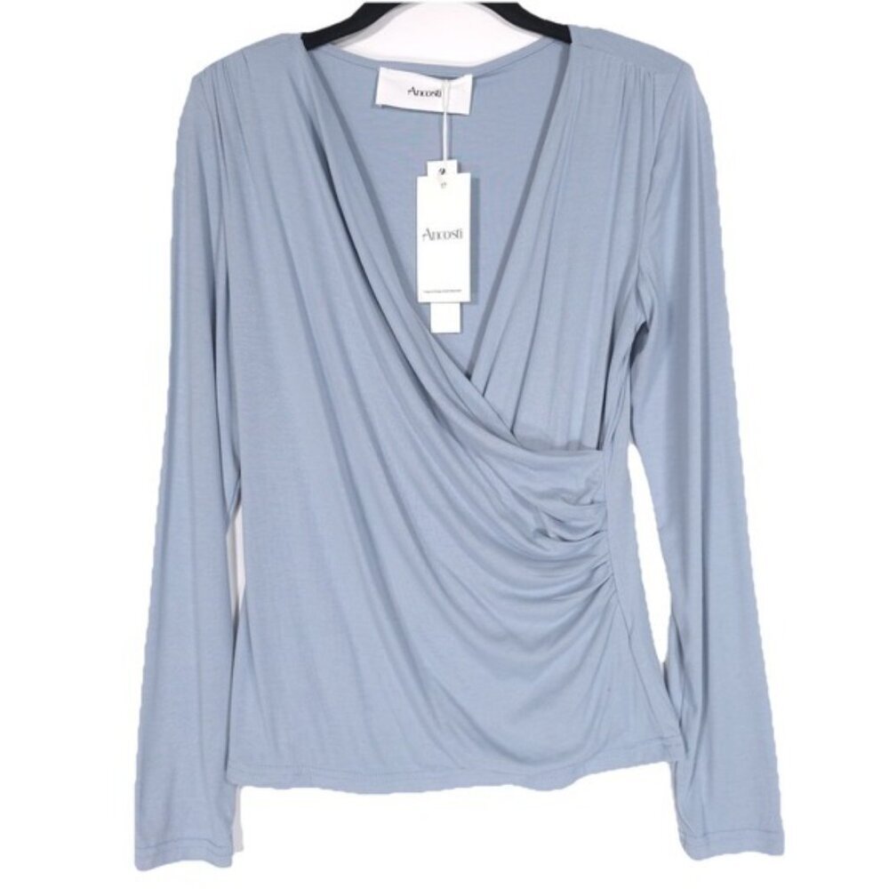 NWT Ancosti Women's Top MEDIUM Wrap Blue Long Sleeve‎ V-Neck Soft Rayon Stretch